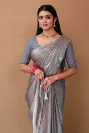 Lahariya “Metallic Silver Shimmer Satin Saree” with Lace Border & Unstitched Blouse - Buy latest designer sarees online from Lahariya
