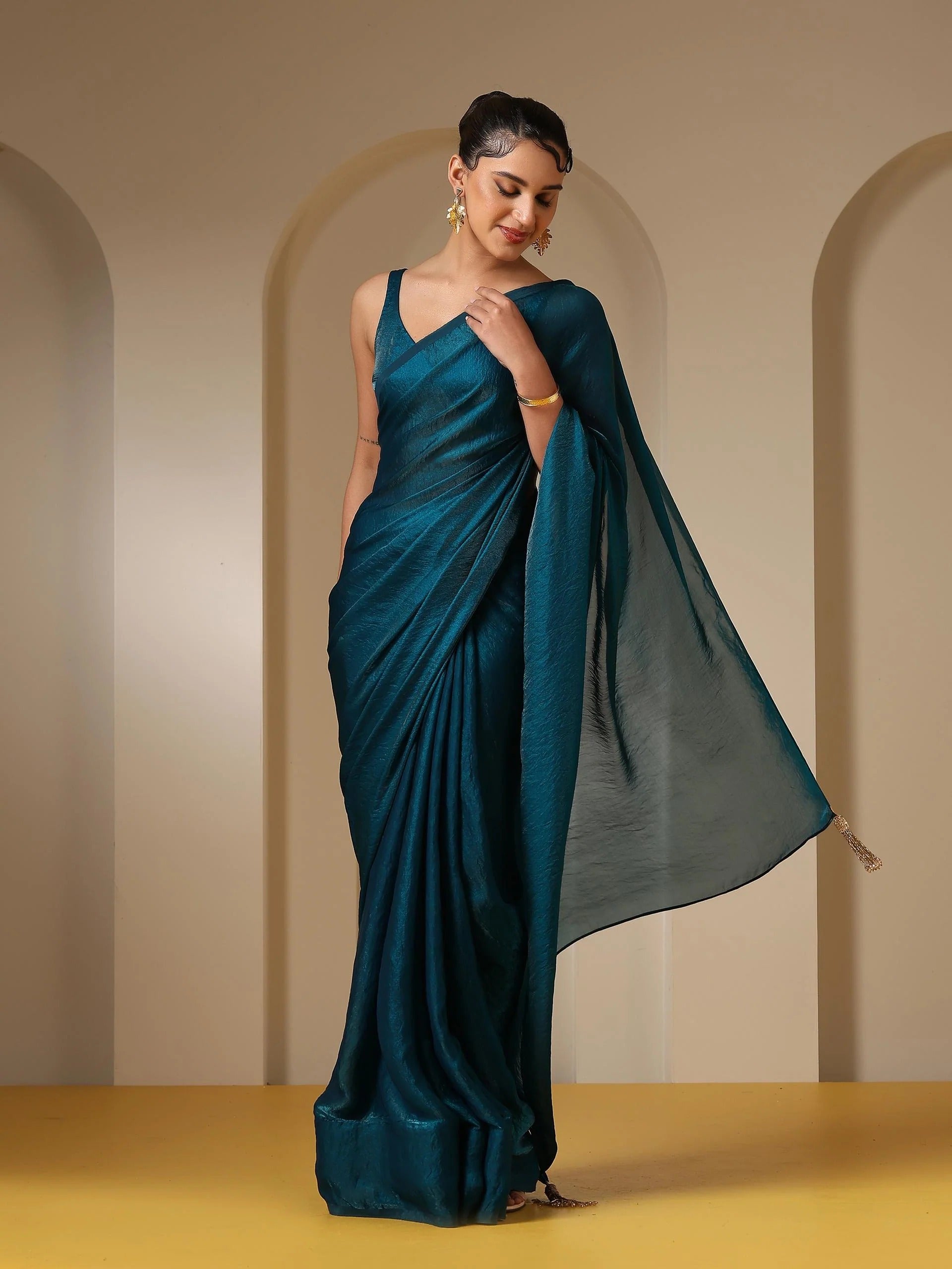 Lahariya “Midnight Glow” Blue Shimmer Satin Saree with Blouse - Buy latest designer sarees online from Lahariya
