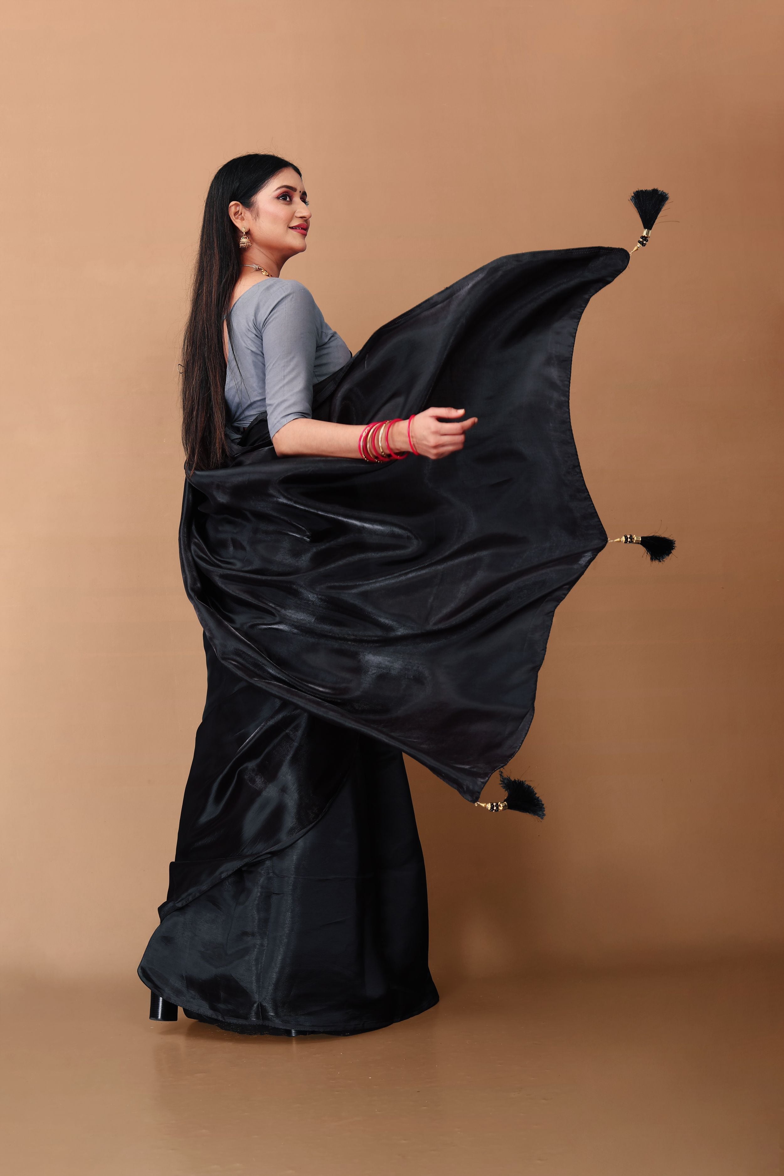 Lahariya "Midnight Muse Black" Jimmy Choo Silk Saree with Lace & Blouse - Buy latest designer sarees online from Lahariya
