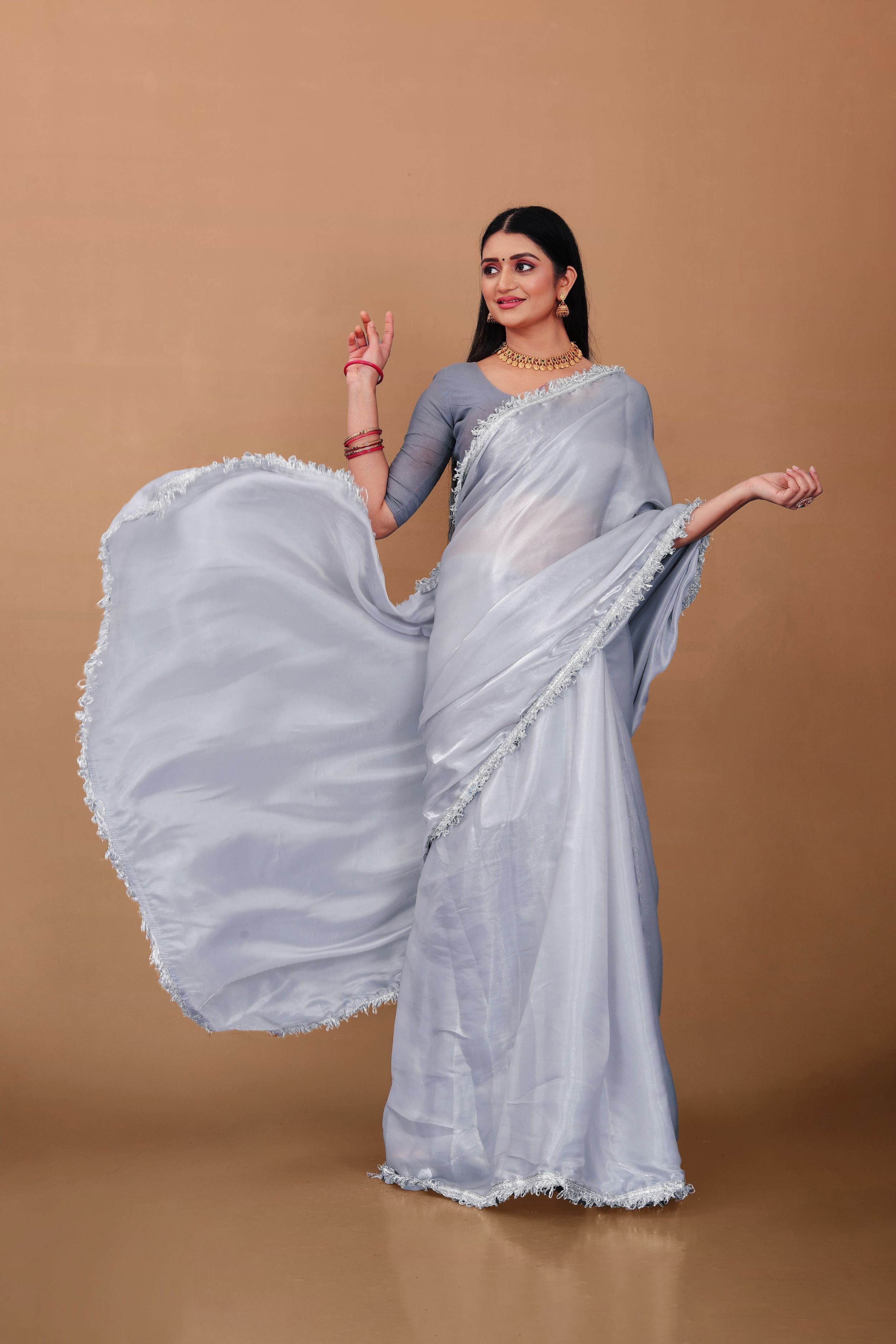 Lahariya “Moon Drape” Silver Grey Jimmy Choo Silk Saree with Lace & Blouse - Buy latest designer sarees online from Lahariya
