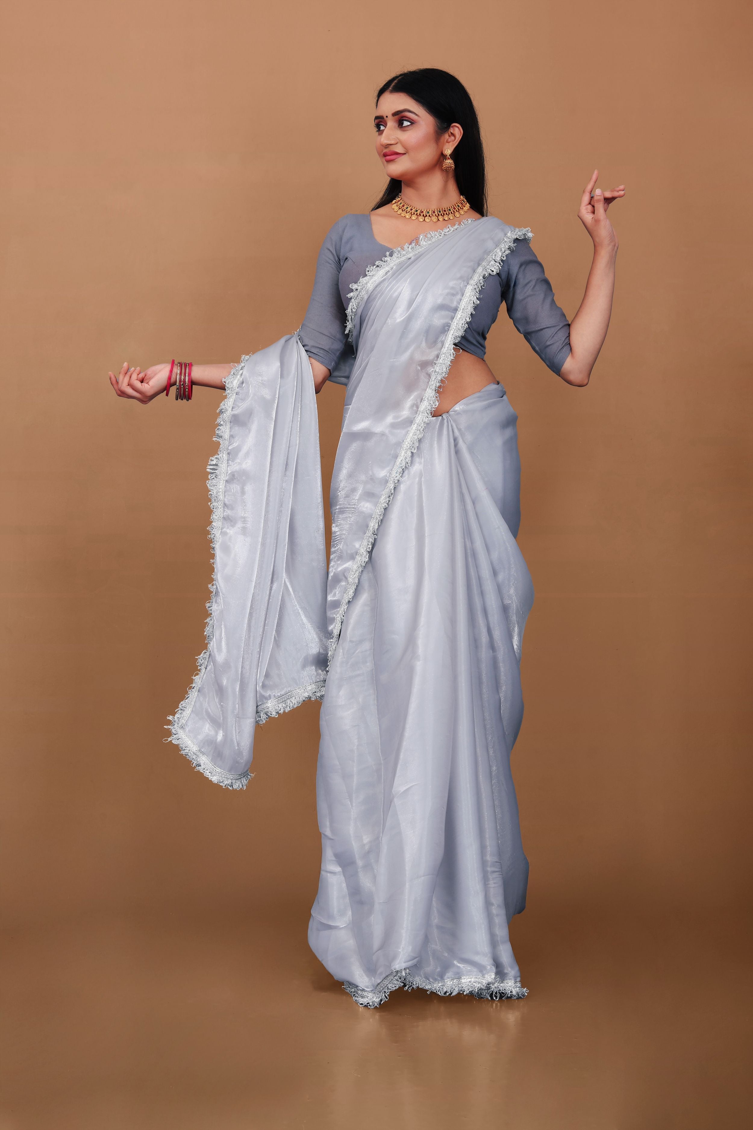 Lahariya “Moon Drape” Silver Grey Jimmy Choo Silk Saree with Lace & Blouse - Buy latest designer sarees online from Lahariya
