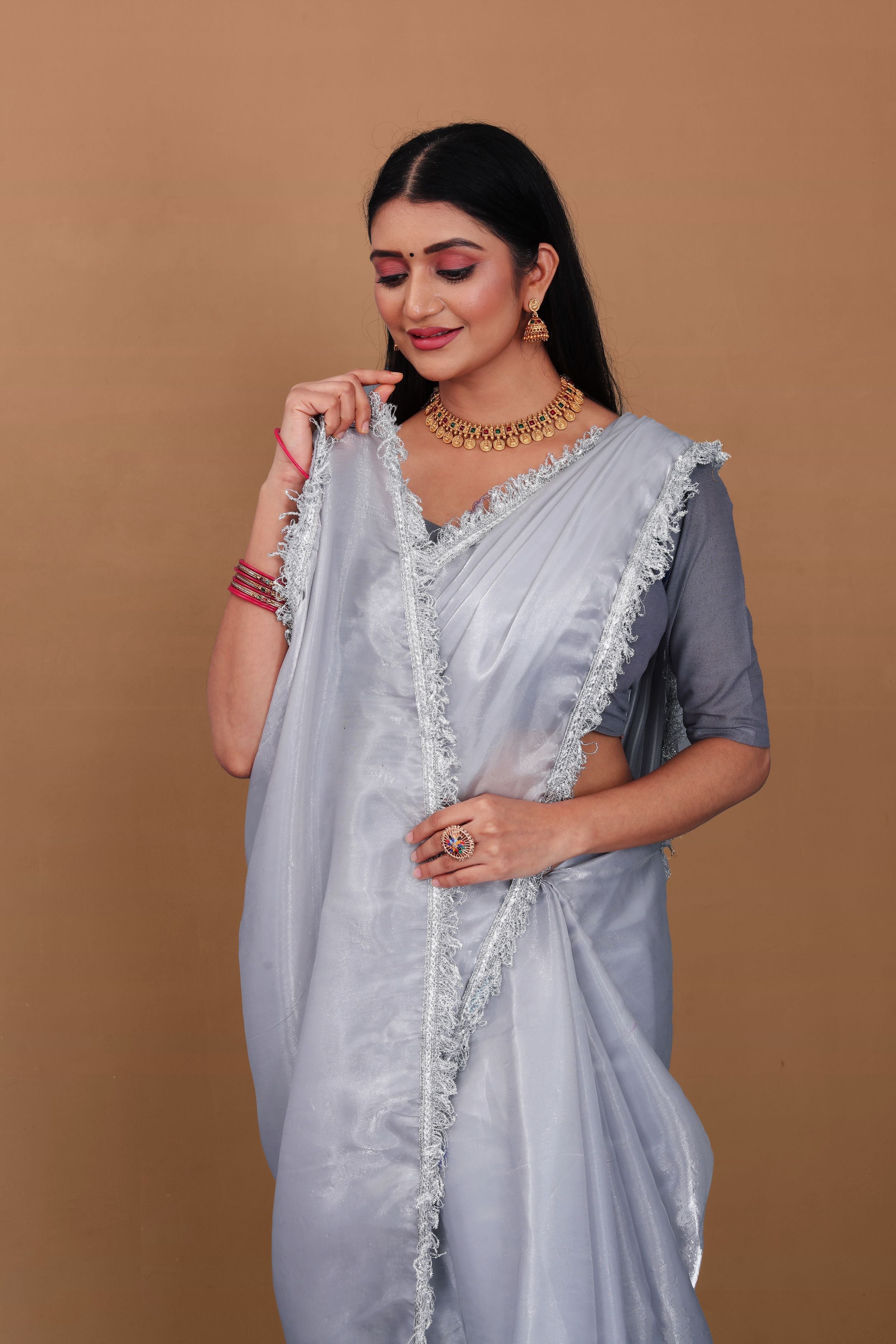 Lahariya “Moon Drape” Silver Grey Jimmy Choo Silk Saree with Lace & Blouse - Buy latest designer sarees online from Lahariya
