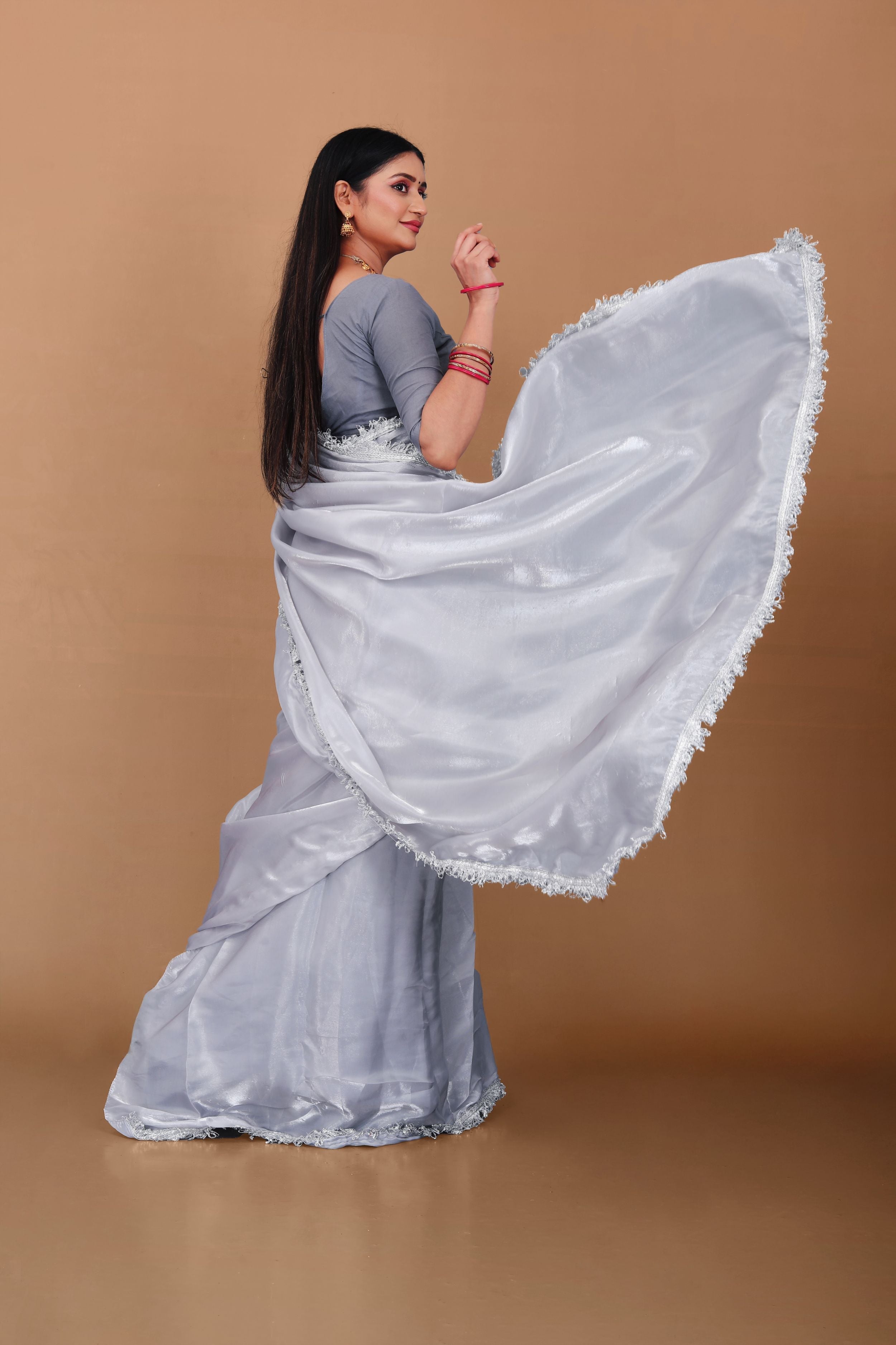 Lahariya “Moon Drape” Silver Grey Jimmy Choo Silk Saree with Lace & Blouse - Buy latest designer sarees online from Lahariya

