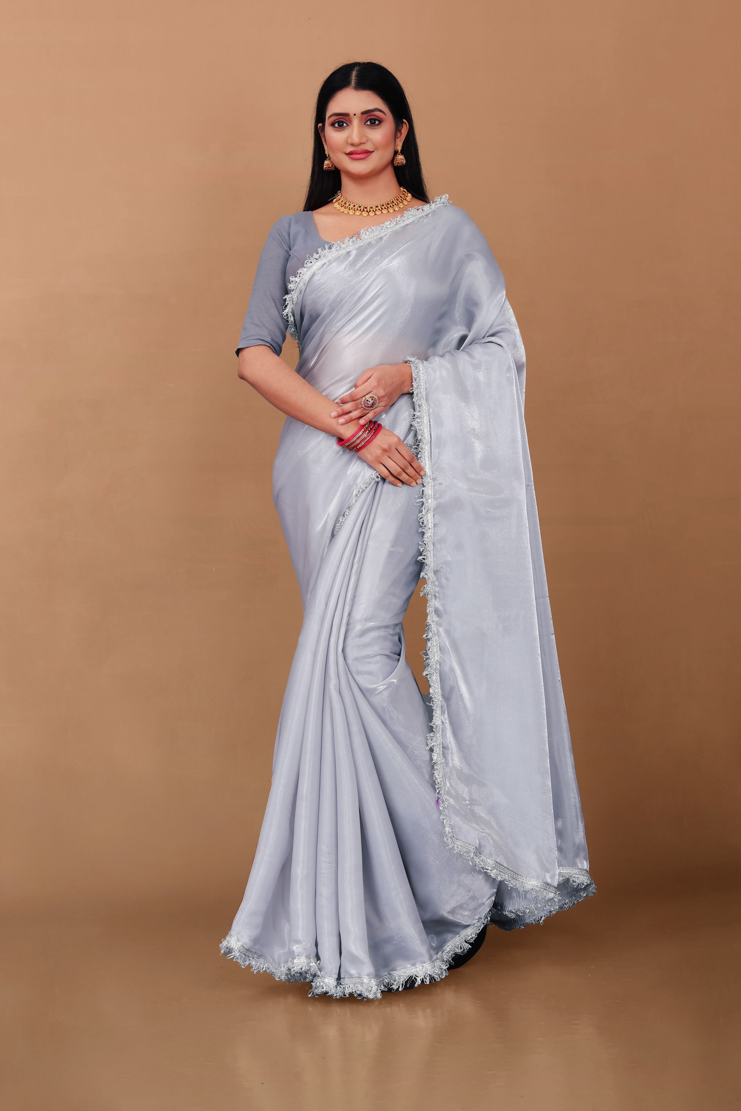 Lahariya “Moon Drape” Silver Grey Jimmy Choo Silk Saree with Lace & Blouse - Buy latest designer sarees online from Lahariya
