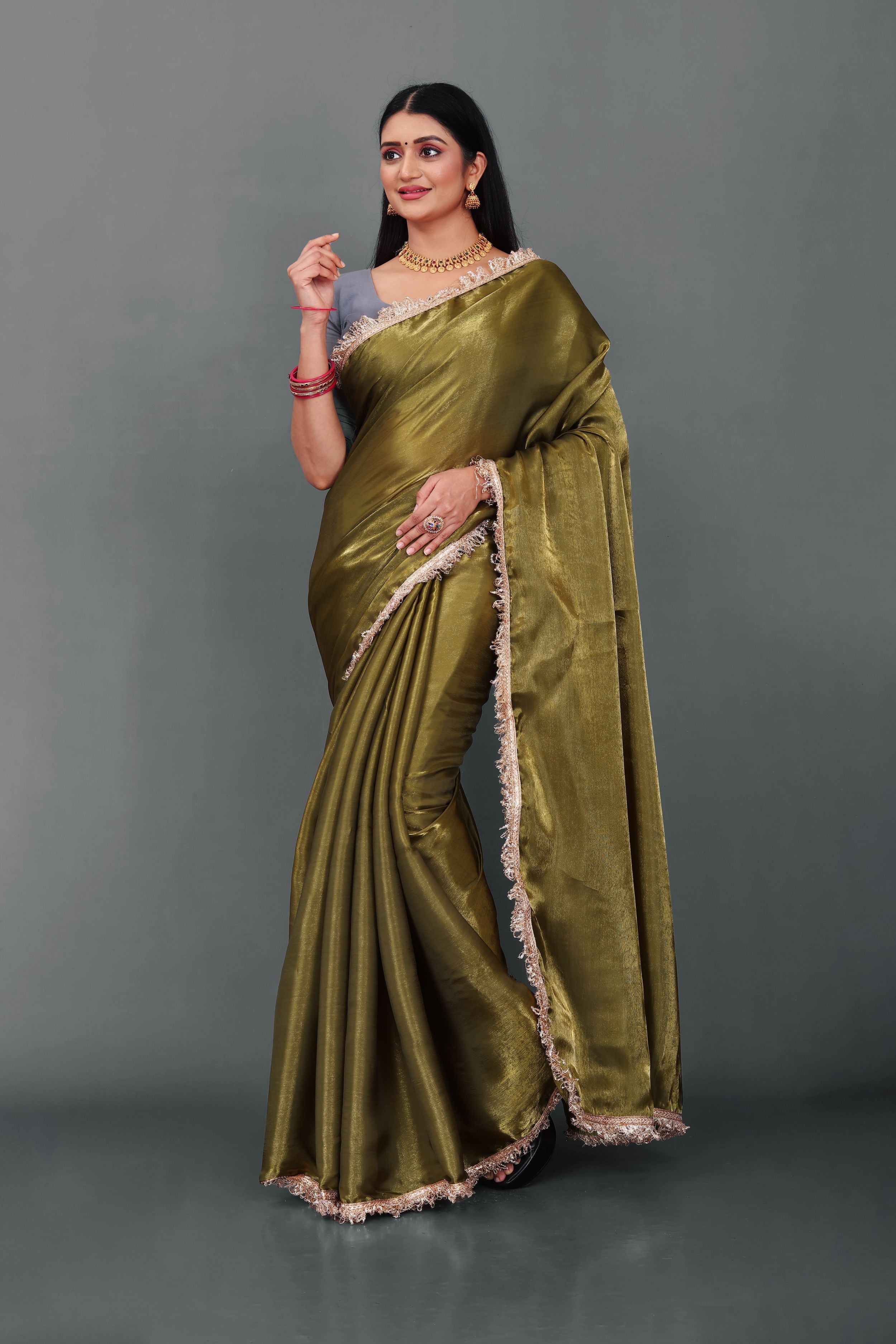 Lahariya "Olive Luxe" Jimmy Choo Silk Saree with Lace & Blouse - Buy latest designer sarees online from Lahariya
