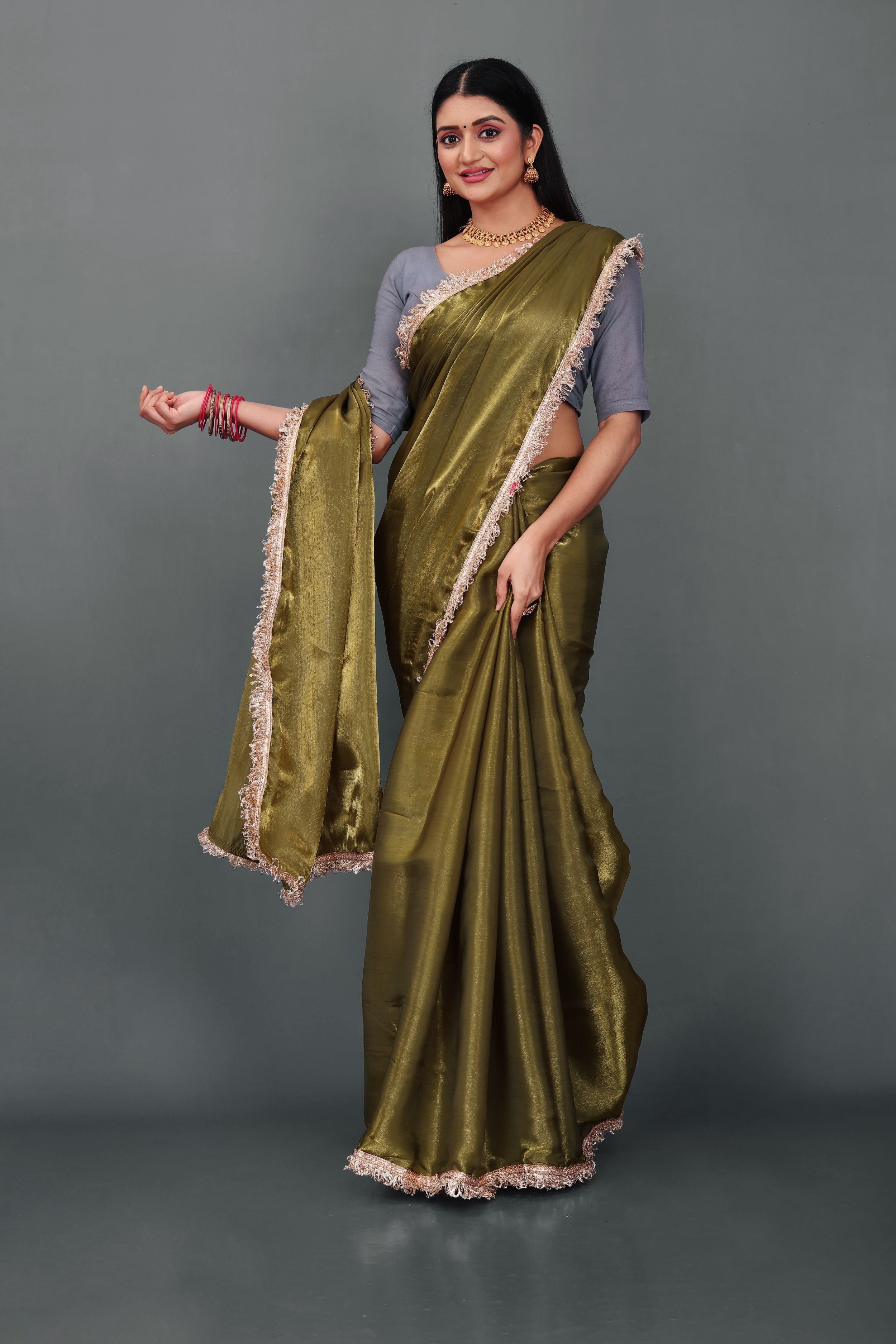 Lahariya "Olive Luxe" Jimmy Choo Silk Saree with Lace & Blouse - Buy latest designer sarees online from Lahariya
