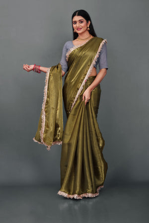 Lahariya "Olive Luxe" Jimmy Choo Silk Saree with Lace & Blouse - Buy latest designer sarees online from Lahariya
