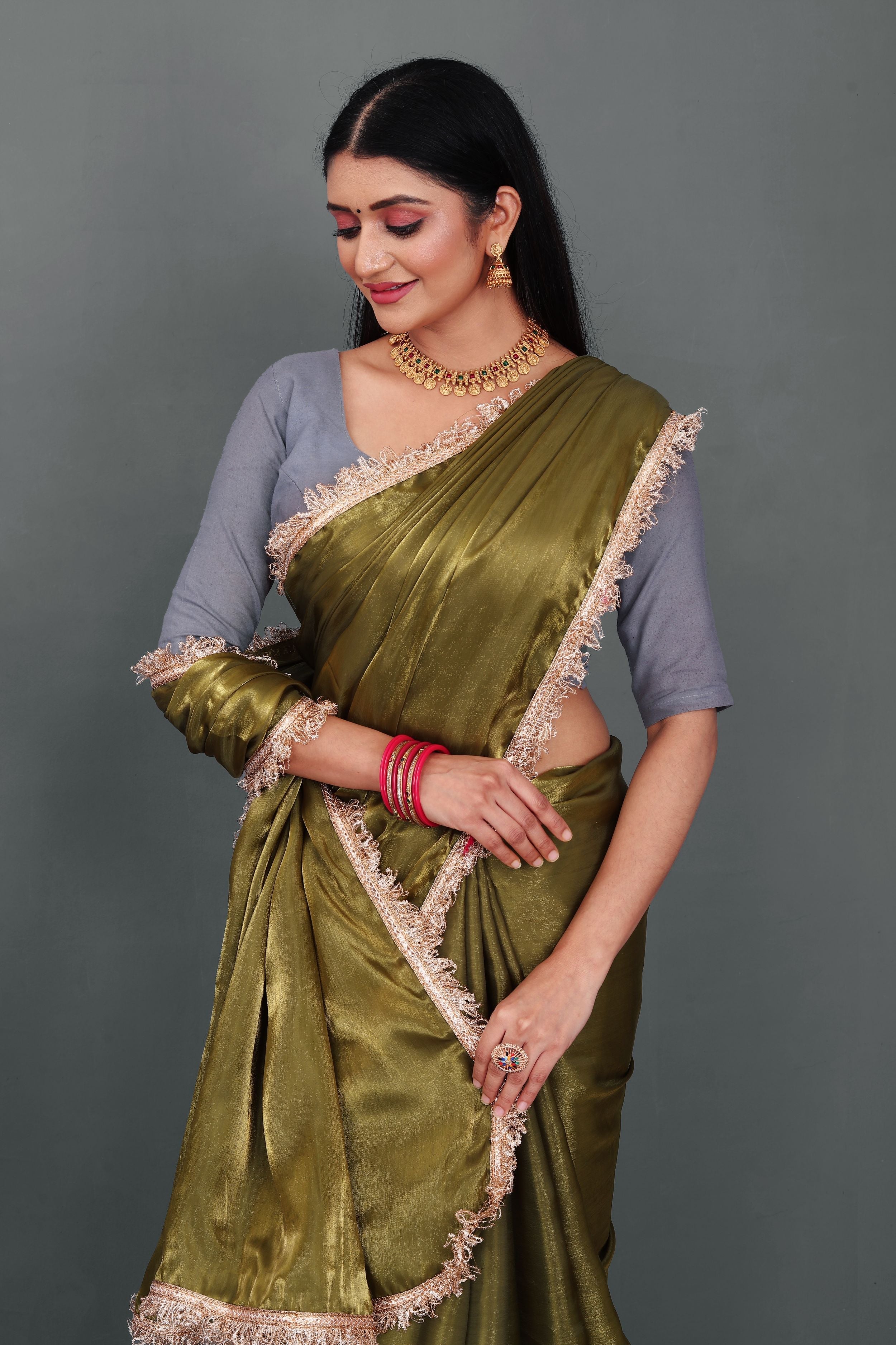 Lahariya "Olive Luxe" Jimmy Choo Silk Saree with Lace & Blouse - Buy latest designer sarees online from Lahariya
