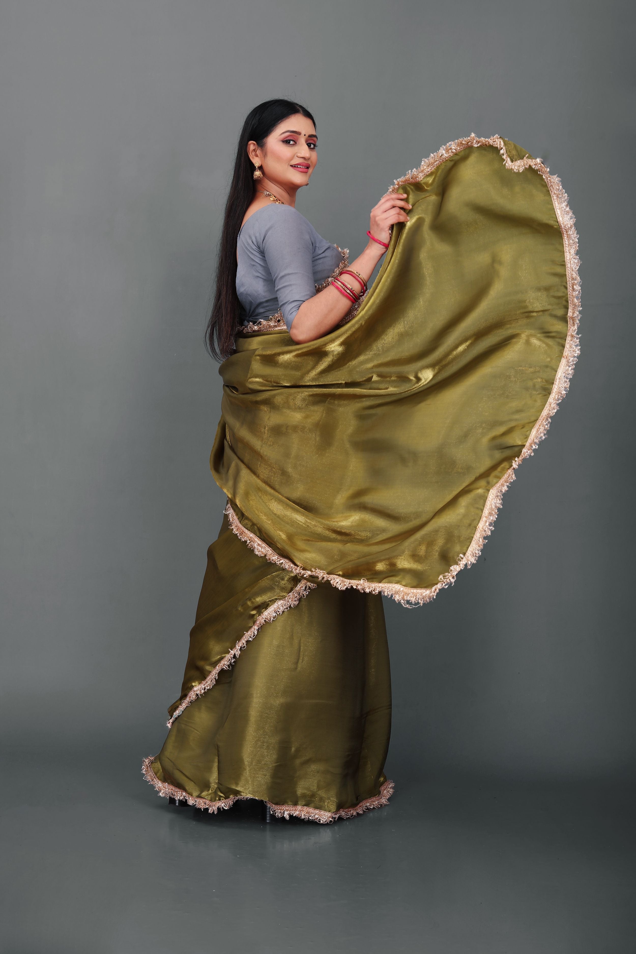 Lahariya "Olive Luxe" Jimmy Choo Silk Saree with Lace & Blouse - Buy latest designer sarees online from Lahariya
