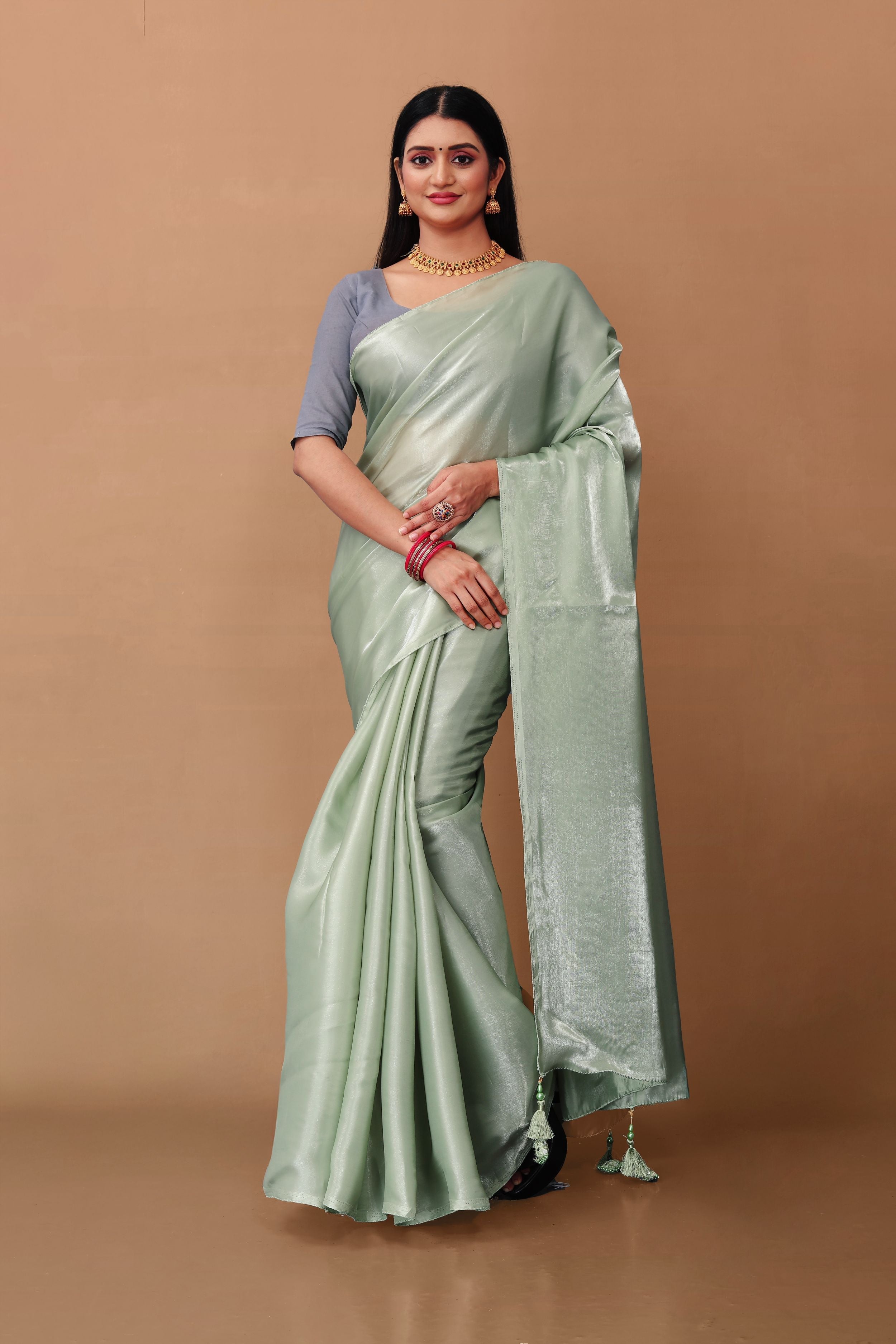 Lahariya “Olive Mist” Sage Green Jimmy Choo Silk Saree with Lace & Blouse - Buy latest designer sarees online from Lahariya
