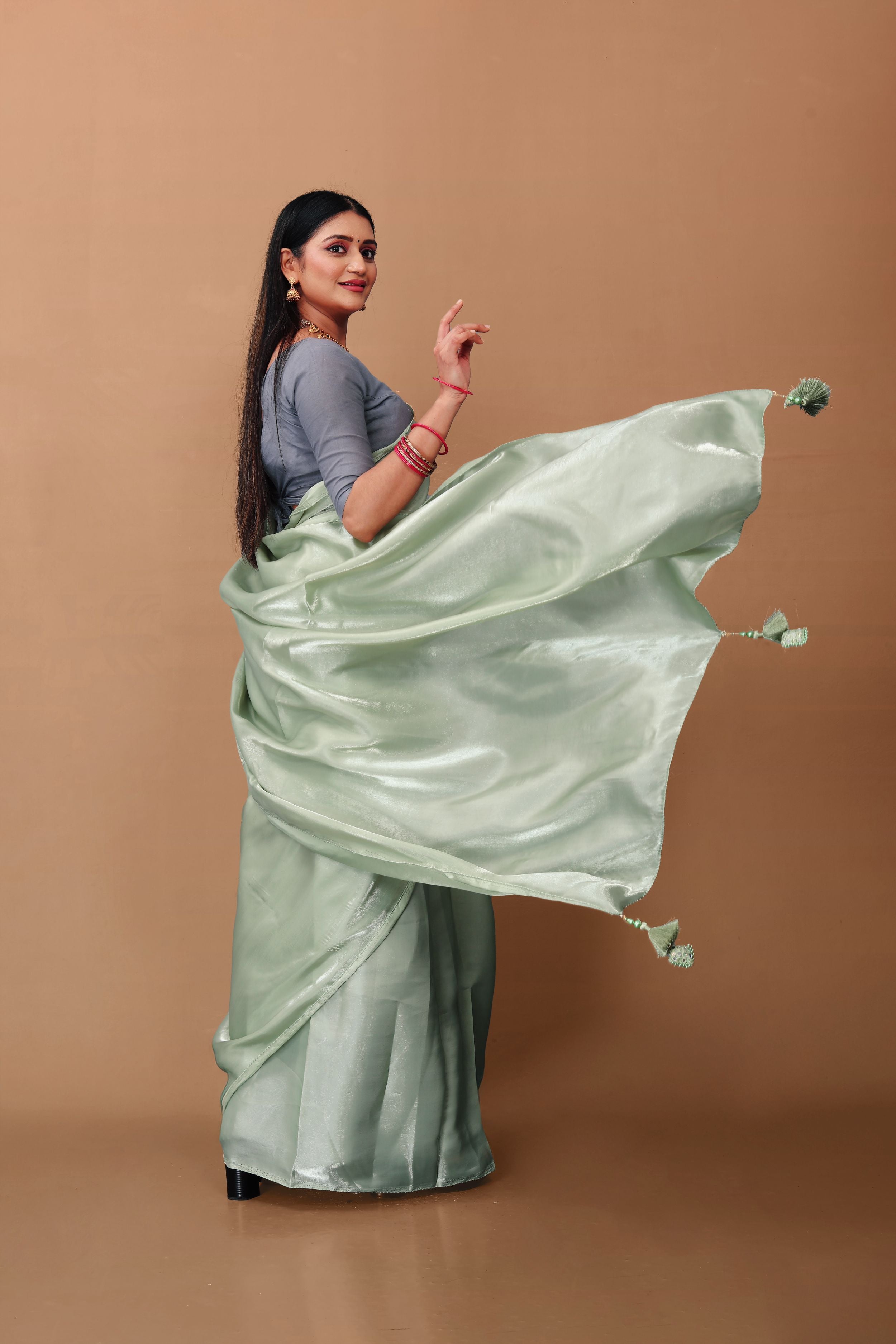 Lahariya “Olive Mist” Sage Green Jimmy Choo Silk Saree with Lace & Blouse - Buy latest designer sarees online from Lahariya
