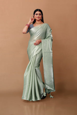 Lahariya “Olive Mist” Sage Green Jimmy Choo Silk Saree with Lace & Blouse - Buy latest designer sarees online from Lahariya
