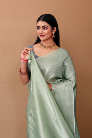 Lahariya “Olive Mist” Sage Green Jimmy Choo Silk Saree with Lace & Blouse - Buy latest designer sarees online from Lahariya
