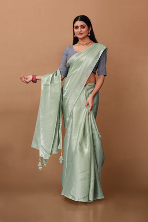 Lahariya “Olive Mist” Sage Green Jimmy Choo Silk Saree with Lace & Blouse - Buy latest designer sarees online from Lahariya

