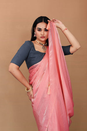 Lahariya “Peach Pink Shimmer Satin Saree” with Unstitched Blouse - Buy latest designer sarees online from Lahariya
