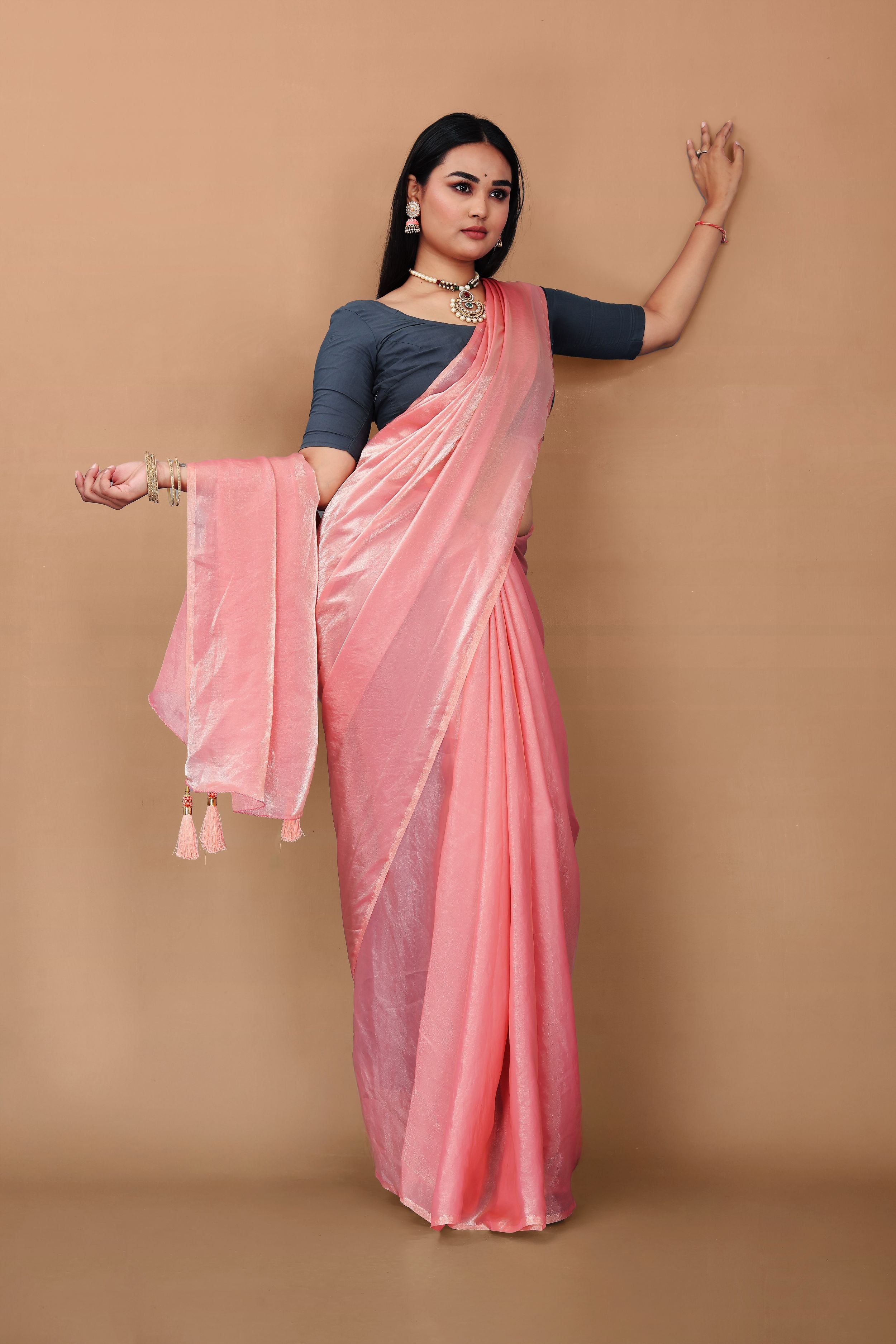 Lahariya “Peach Pink Shimmer Satin Saree” with Unstitched Blouse - Buy latest designer sarees online from Lahariya

