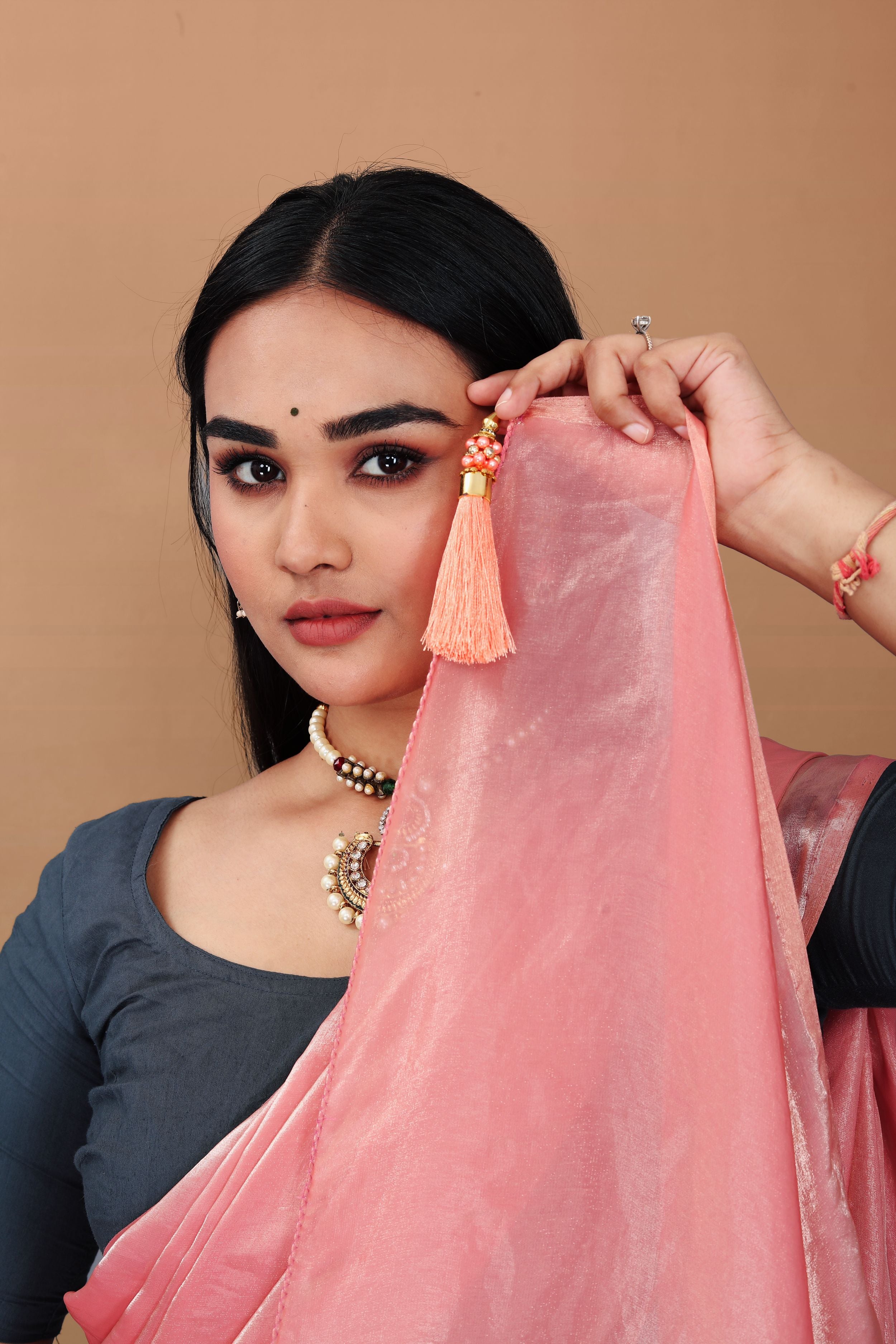 Lahariya “Peach Pink Shimmer Satin Saree” with Unstitched Blouse - Buy latest designer sarees online from Lahariya
