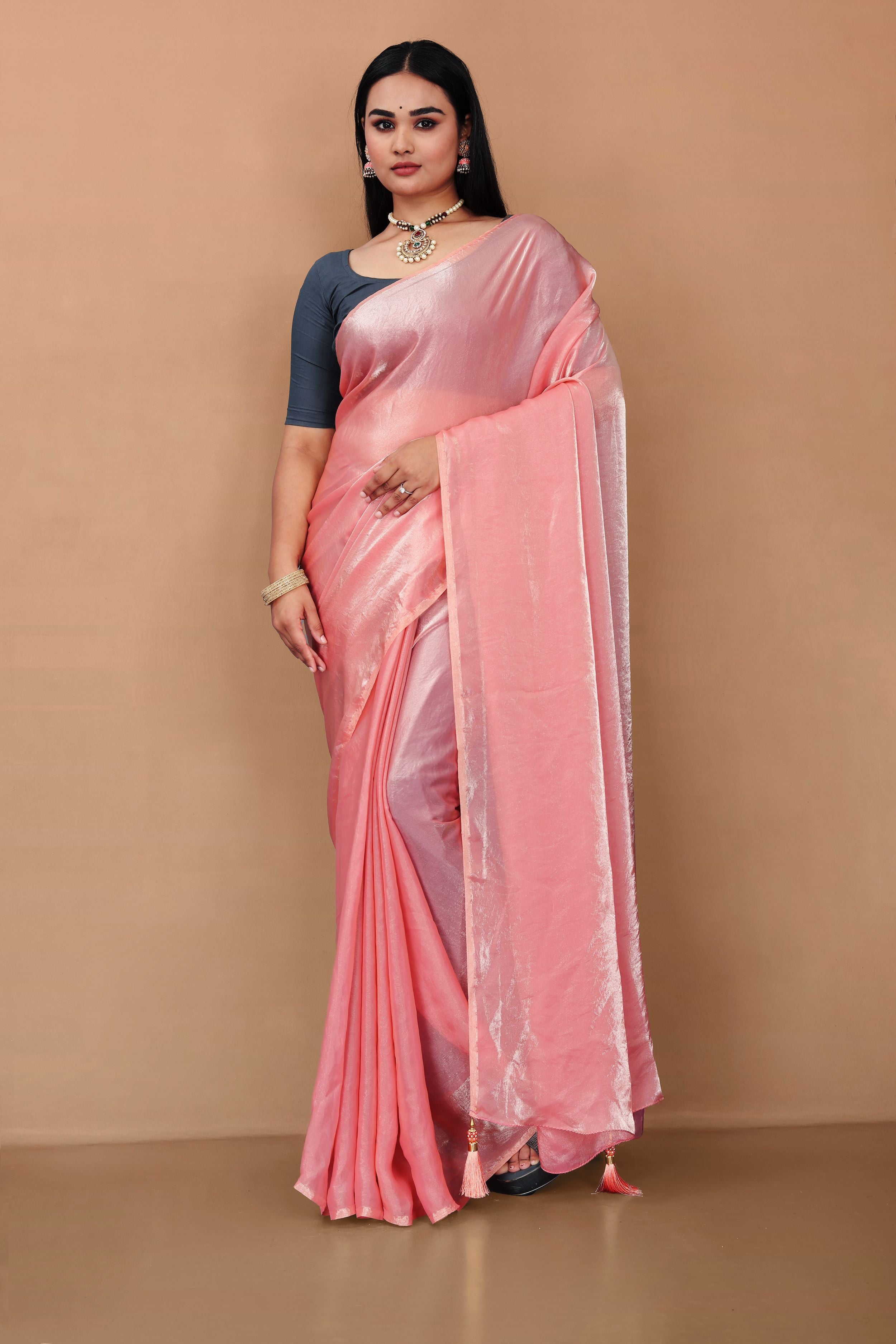 Lahariya “Peach Pink Shimmer Satin Saree” with Unstitched Blouse - Buy latest designer sarees online from Lahariya
