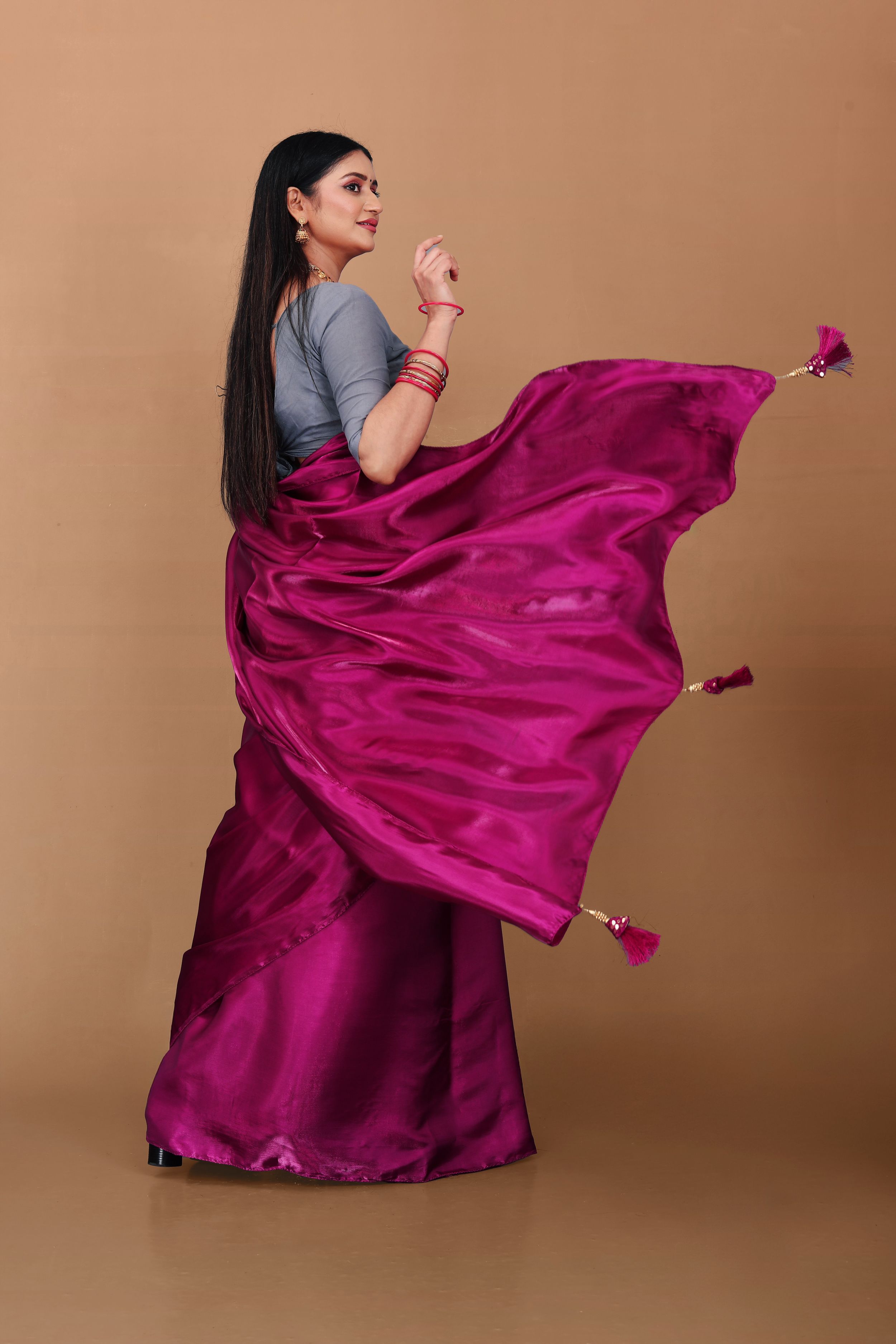 Lahariya “Rani Raga” Magenta Jimmy Choo Silk Saree with Lace & Blouse - Buy latest designer sarees online from Lahariya
