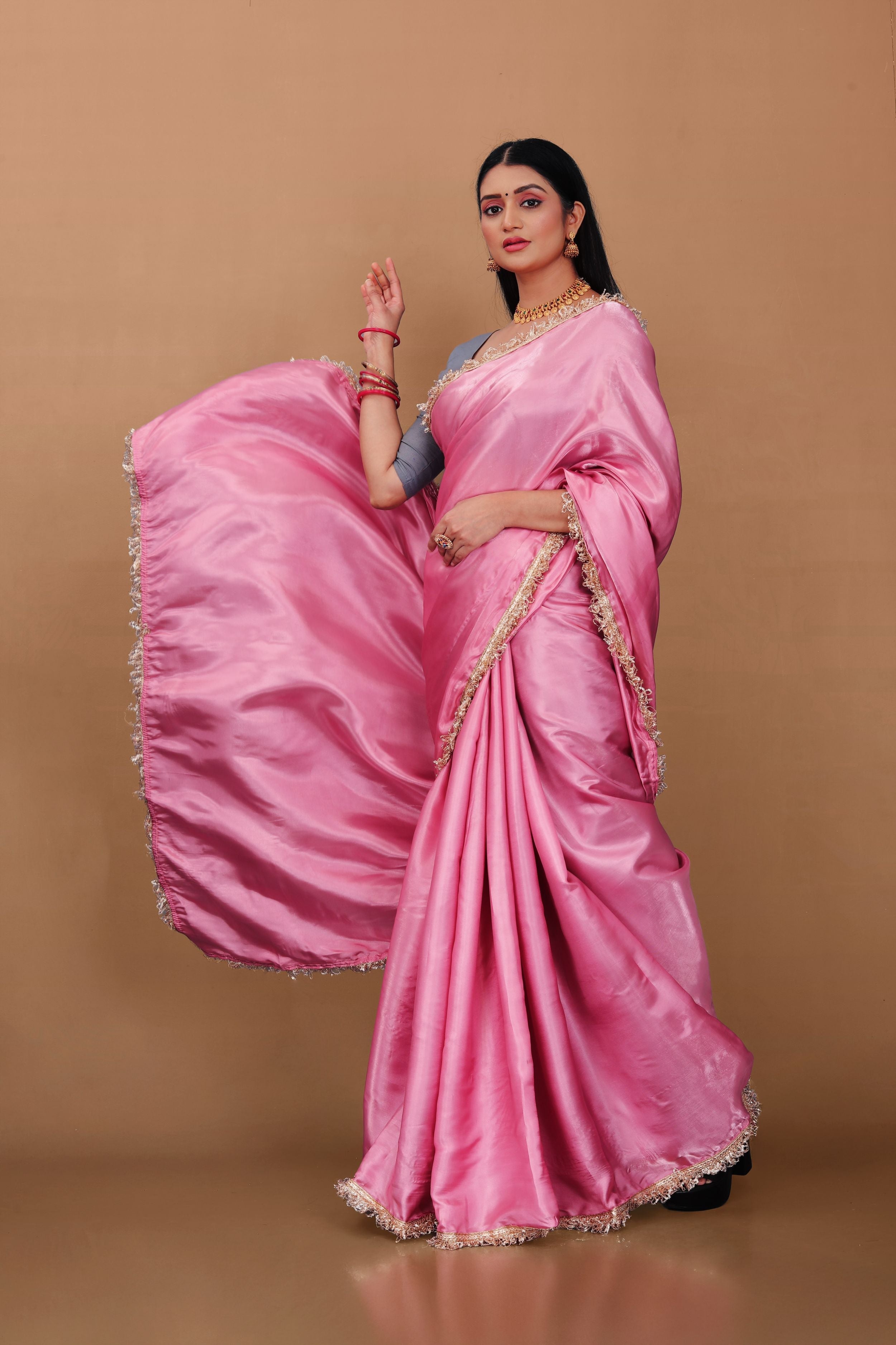 Lahariya "Rose Quartz" Jimmy Choo Silk Saree with Lace & Blouse - Buy latest designer sarees online from Lahariya

