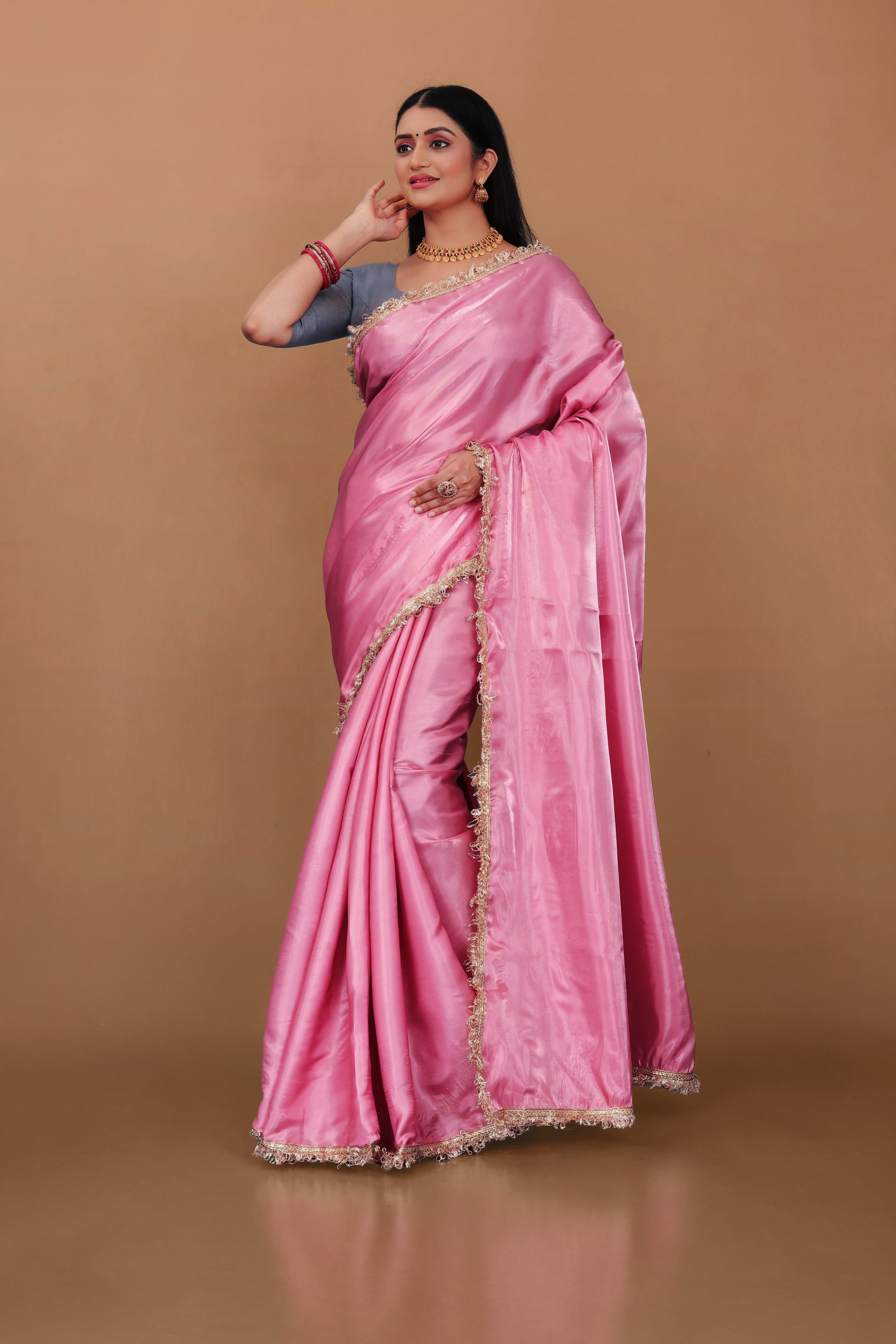 Lahariya "Rose Quartz" Jimmy Choo Silk Saree with Lace & Blouse - Buy latest designer sarees online from Lahariya
