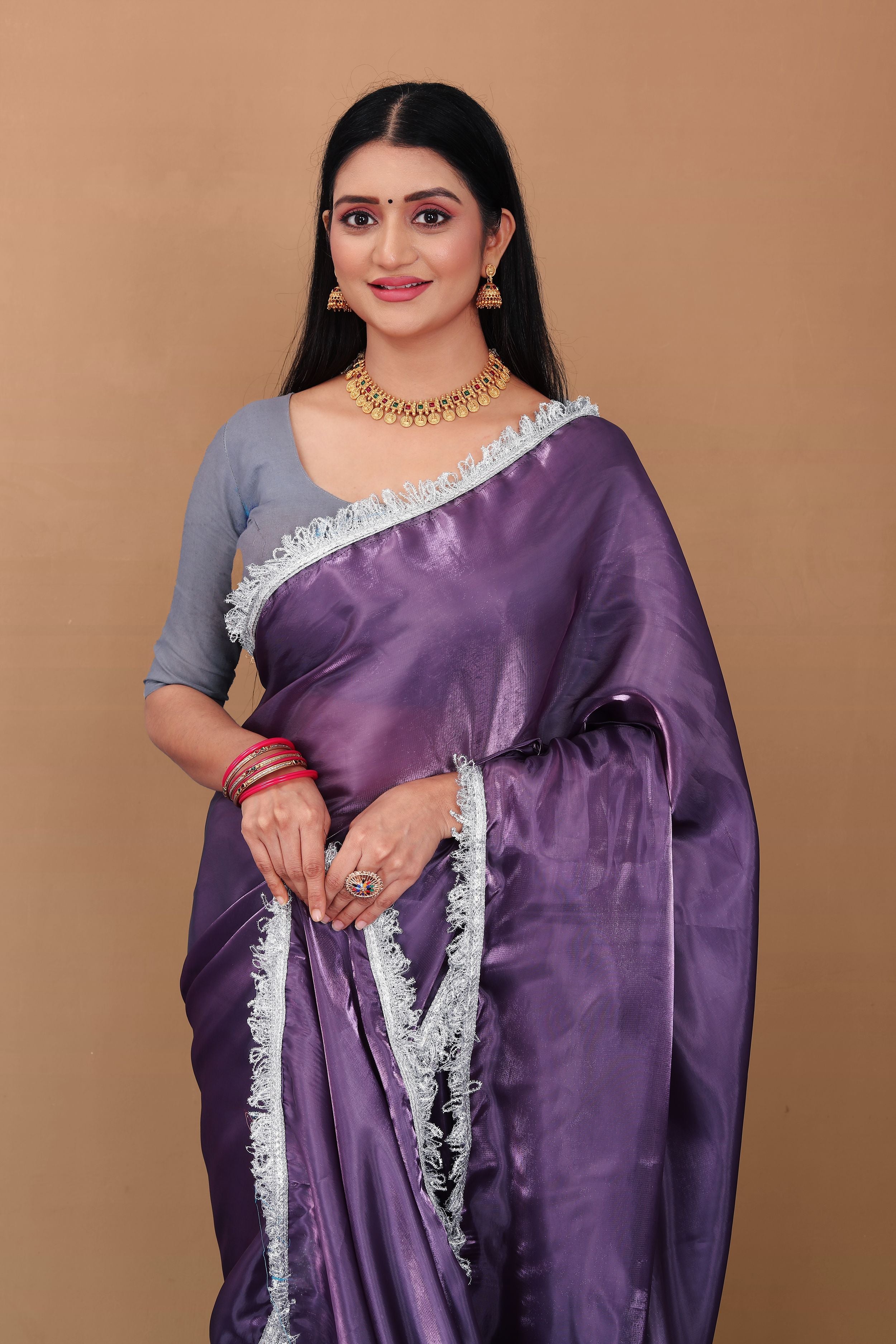 Lahariya “Royal Purple” Jimmy Choo Silk Saree with Lace & Blouse - Buy latest designer sarees online from Lahariya
