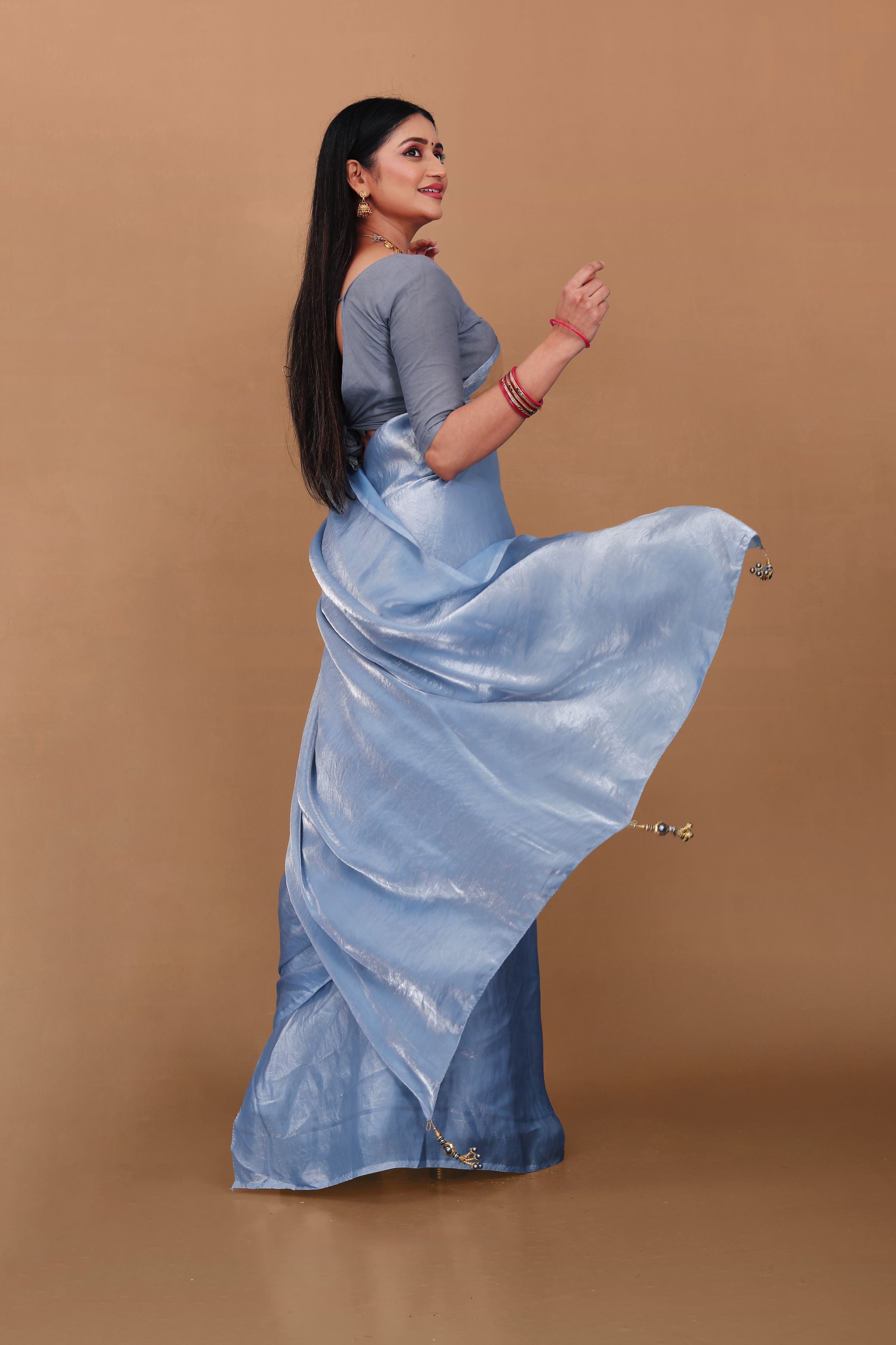 Lahariya “Steel Blue Shimmer Satin Saree” with Unstitched Blouse - Buy latest designer sarees online from Lahariya
