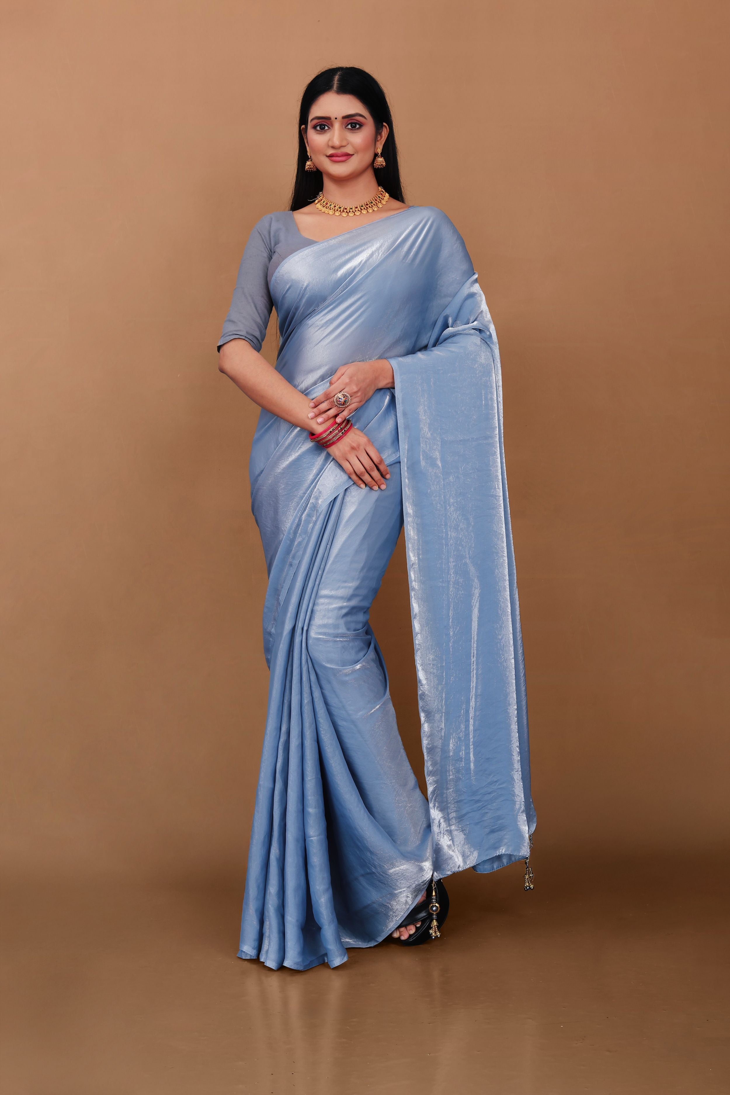 Lahariya “Steel Blue Shimmer Satin Saree” with Unstitched Blouse - Buy latest designer sarees online from Lahariya
