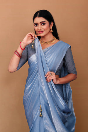 Lahariya “Steel Blue Shimmer Satin Saree” with Unstitched Blouse - Buy latest designer sarees online from Lahariya
