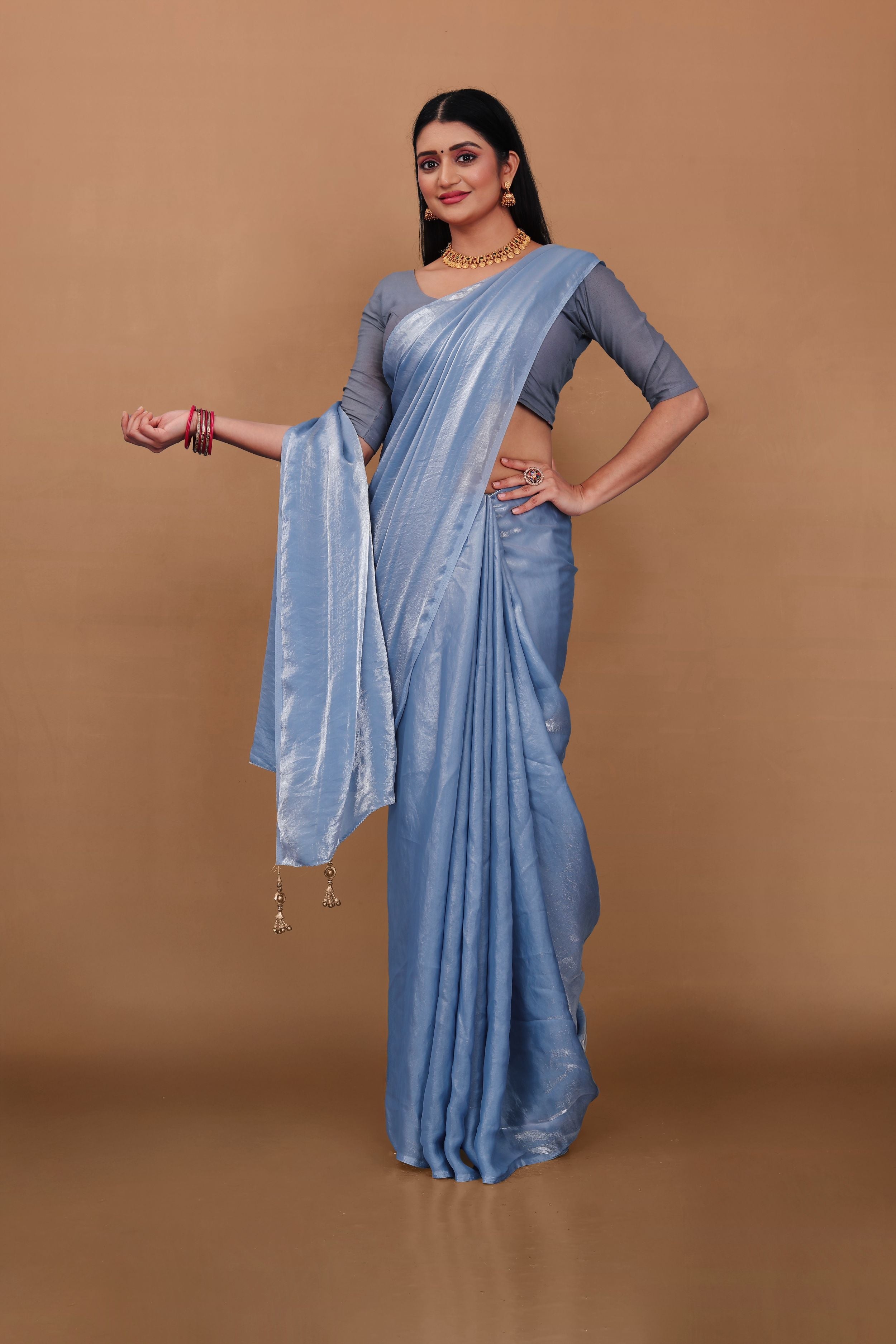Lahariya “Steel Blue Shimmer Satin Saree” with Unstitched Blouse - Buy latest designer sarees online from Lahariya
