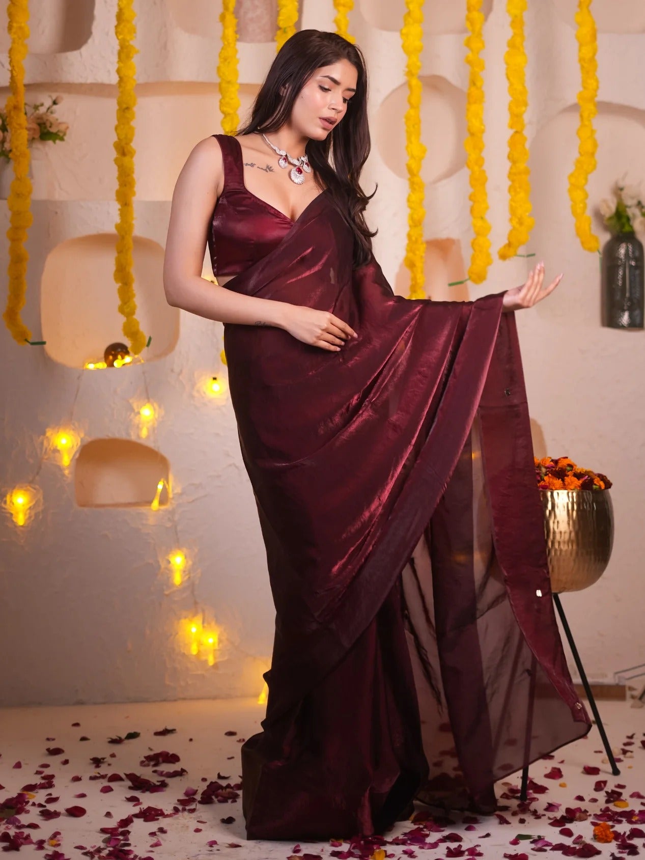 Lahariya “Wine Shimmer Satin Saree” with Unstitched Blouse - Buy latest designer sarees online from Lahariya
