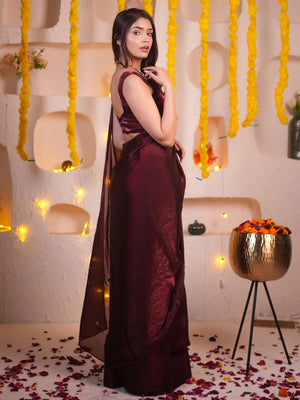 Lahariya “Wine Shimmer Satin Saree” with Unstitched Blouse - Buy latest designer sarees online from Lahariya
