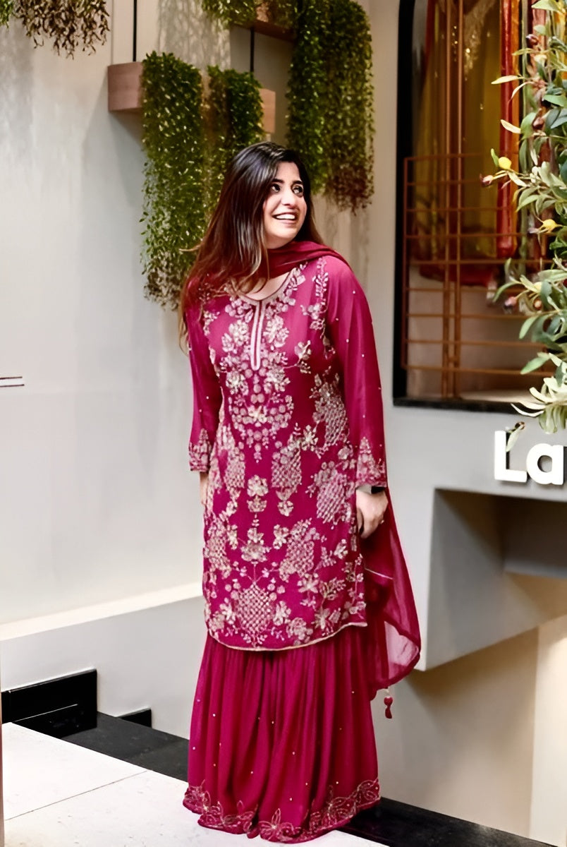 Pihu Faux Georgette Embroidery Sharara Palazzo Set